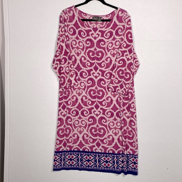 Chicos Travelers Ilkat Pink and White Scroll Patterned Jersey Dress size 3 - Picture 9 of 10